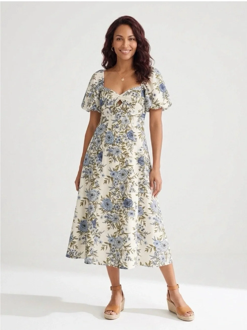 Avec Les Filles Twist Bodice Midi Dress, Blue Garden Trellis, True to Size 6